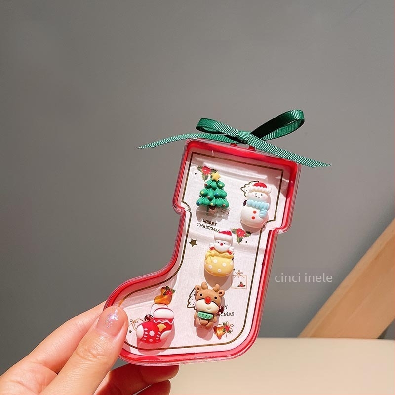 Set bijuterii: inel reglabil și cercei cu Moș Crăciun în stil de Crăciun — din plastic/rășină