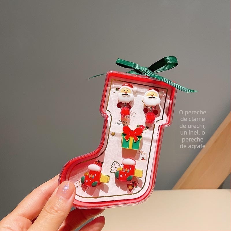 Set bijuterii: inel reglabil și cercei cu Moș Crăciun în stil de Crăciun — din plastic/rășină