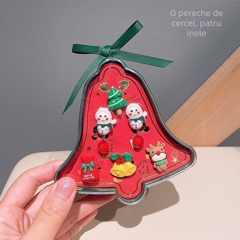 Set bijuterii: inel reglabil și cercei cu Moș Crăciun în stil de Crăciun — din plastic/rășină