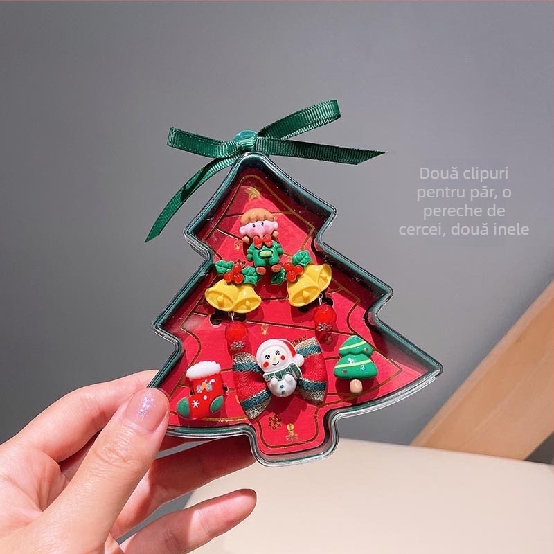 Set bijuterii: inel reglabil și cercei cu Moș Crăciun în stil de Crăciun — din plastic/rășină