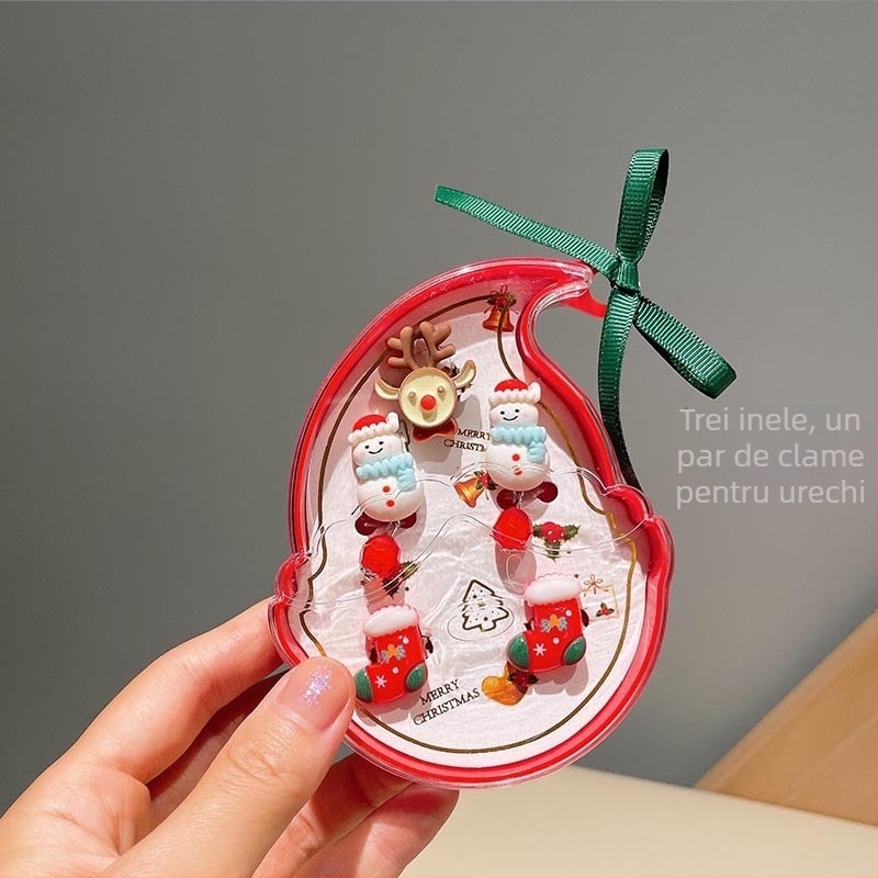 Set bijuterii: inel reglabil și cercei cu Moș Crăciun în stil de Crăciun — din plastic/rășină