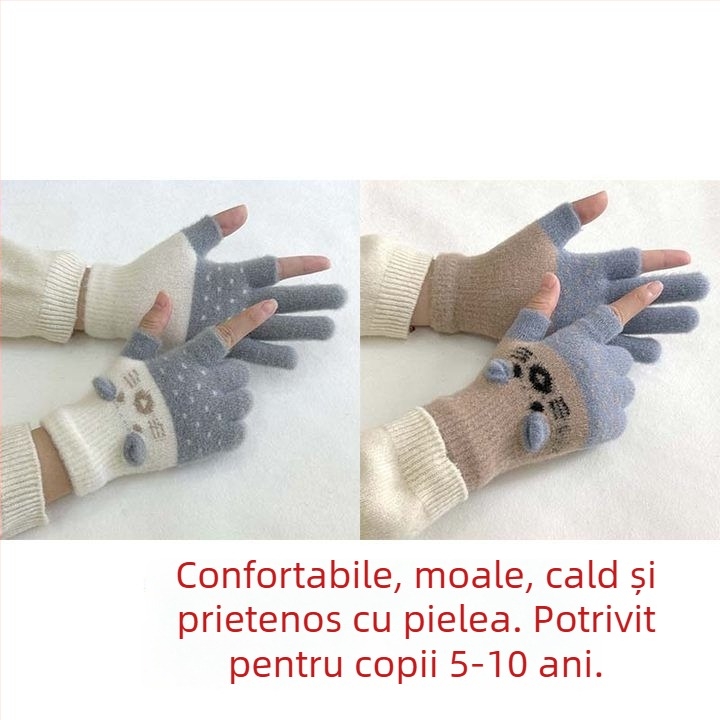 Mănuși pentru copii, căptușite cu velur, cu design cu două degete, compatibile cu ecranul tactil, stil desen animat, toamnă-iarnă