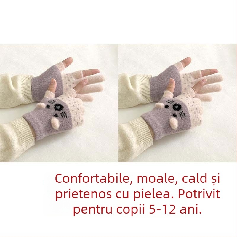 Mănuși pentru copii, căptușite cu velur, cu design cu două degete, compatibile cu ecranul tactil, stil desen animat, toamnă-iarnă