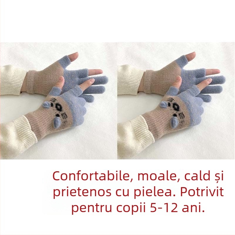 Mănuși pentru copii, căptușite cu velur, cu design cu două degete, compatibile cu ecranul tactil, stil desen animat, toamnă-iarnă
