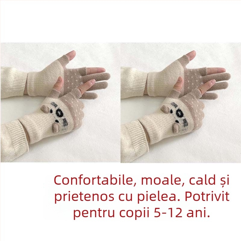 Mănuși pentru copii, căptușite cu velur, cu design cu două degete, compatibile cu ecranul tactil, stil desen animat, toamnă-iarnă