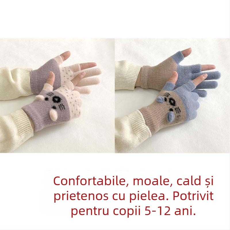 Mănuși pentru copii, căptușite cu velur, cu design cu două degete, compatibile cu ecranul tactil, stil desen animat, toamnă-iarnă