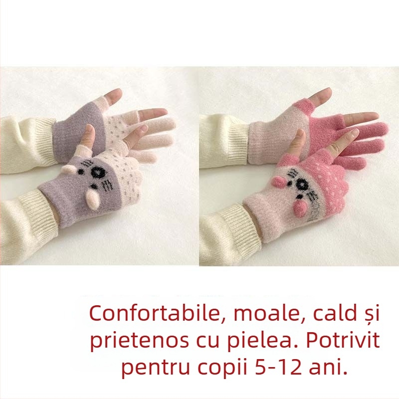 Mănuși pentru copii, căptușite cu velur, cu design cu două degete, compatibile cu ecranul tactil, stil desen animat, toamnă-iarnă