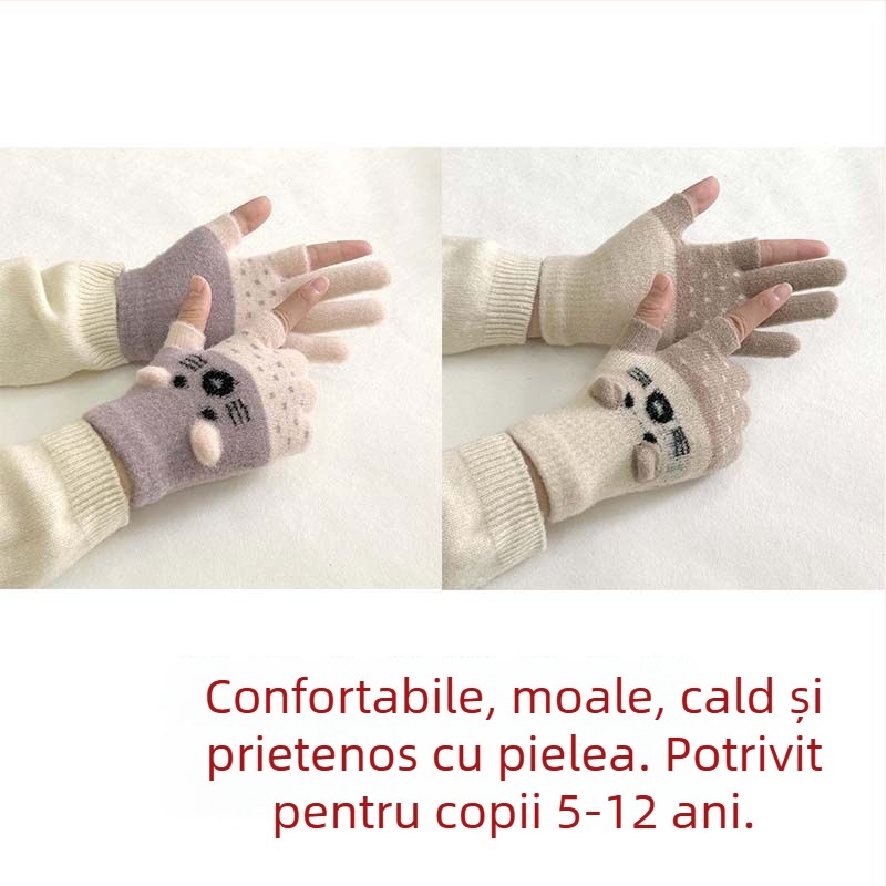 Mănuși pentru copii, căptușite cu velur, cu design cu două degete, compatibile cu ecranul tactil, stil desen animat, toamnă-iarnă