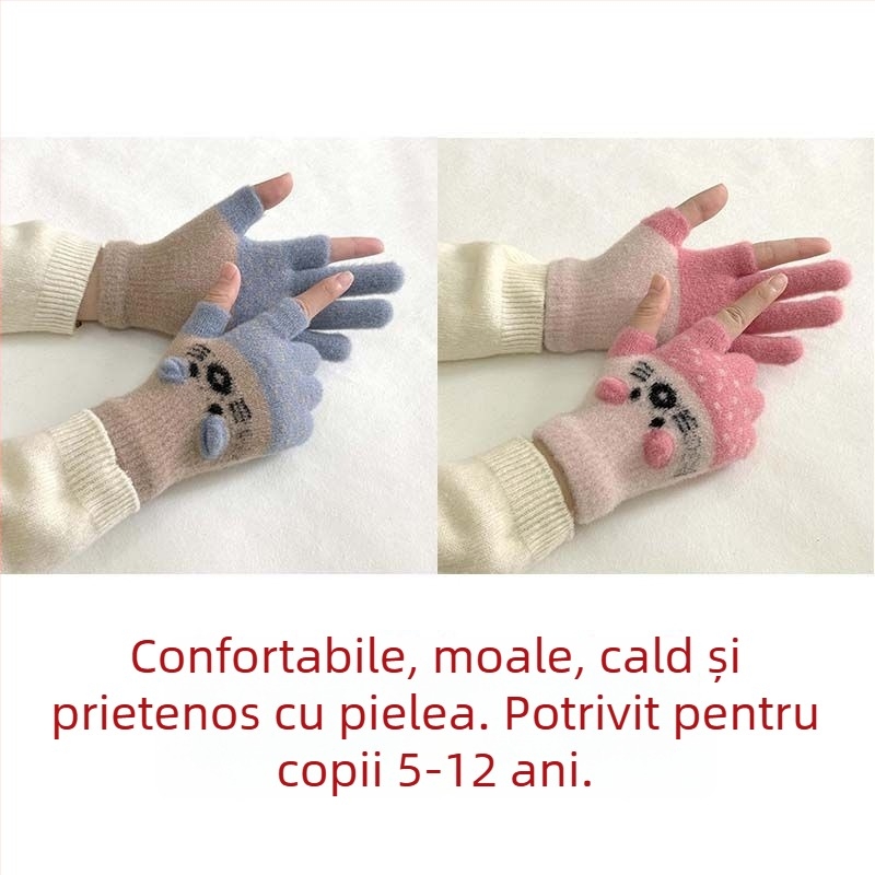 Mănuși pentru copii, căptușite cu velur, cu design cu două degete, compatibile cu ecranul tactil, stil desen animat, toamnă-iarnă