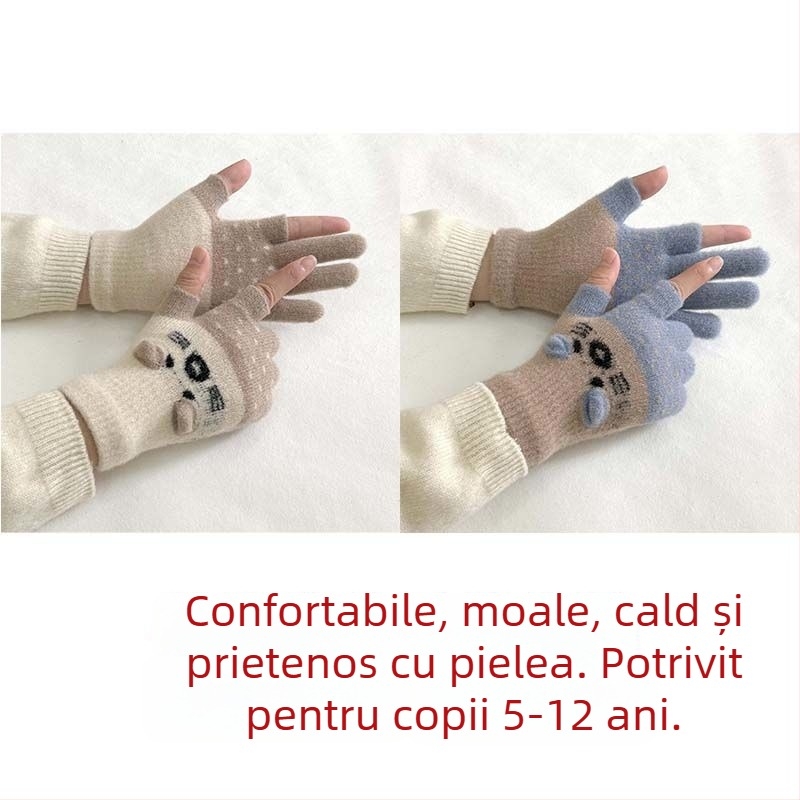 Mănuși pentru copii, căptușite cu velur, cu design cu două degete, compatibile cu ecranul tactil, stil desen animat, toamnă-iarnă