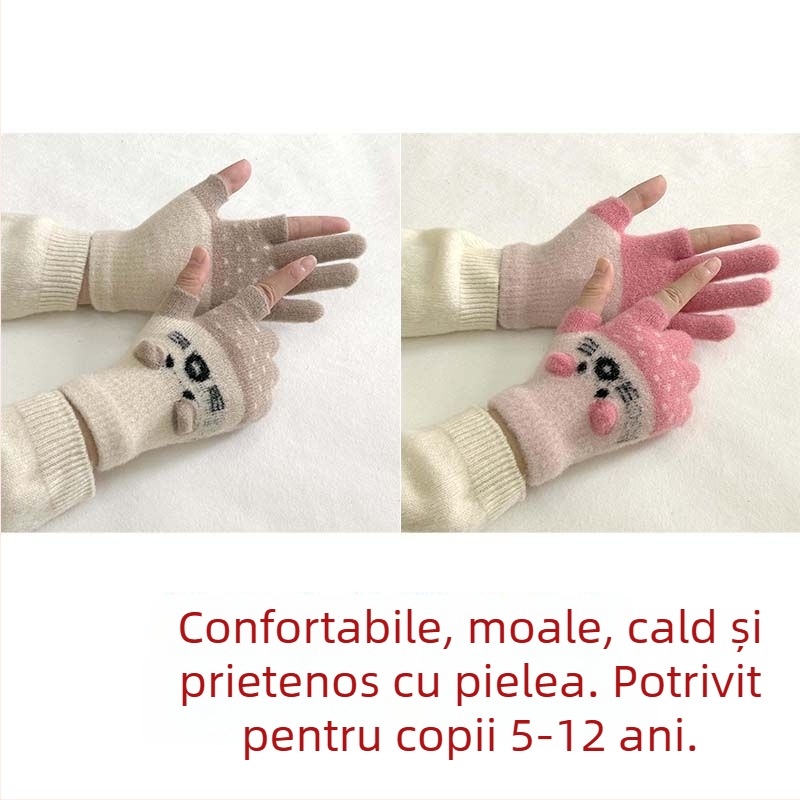 Mănuși pentru copii, căptușite cu velur, cu design cu două degete, compatibile cu ecranul tactil, stil desen animat, toamnă-iarnă