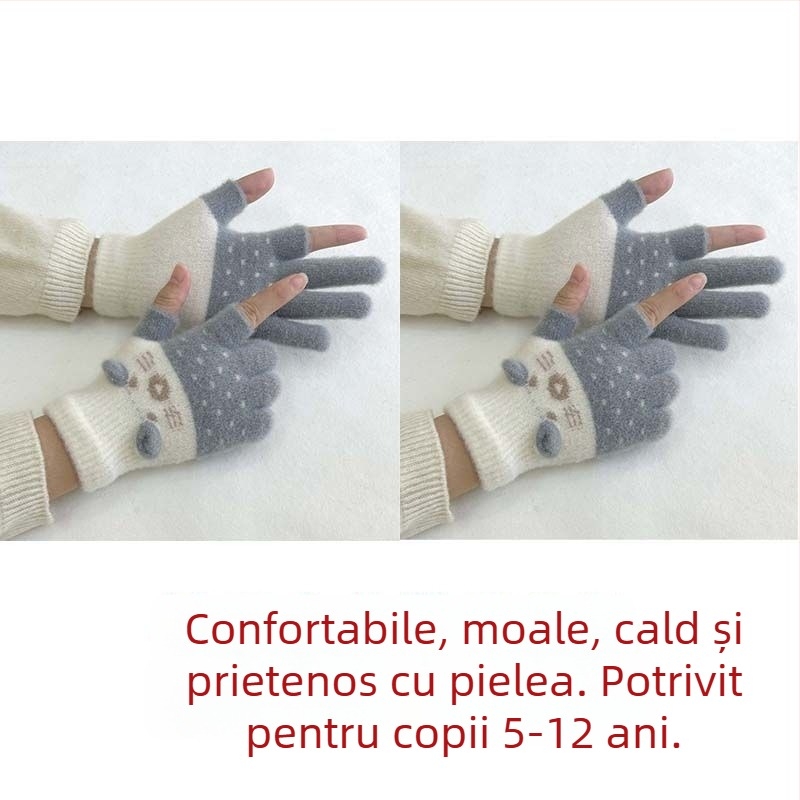 Mănuși pentru copii, căptușite cu velur, cu design cu două degete, compatibile cu ecranul tactil, stil desen animat, toamnă-iarnă