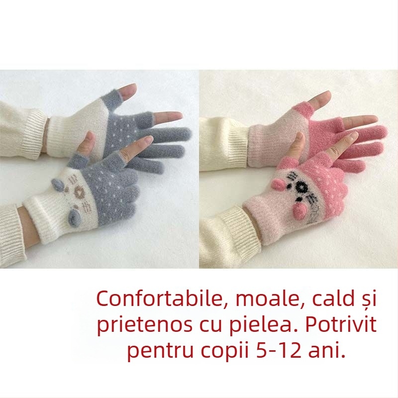 Mănuși pentru copii, căptușite cu velur, cu design cu două degete, compatibile cu ecranul tactil, stil desen animat, toamnă-iarnă