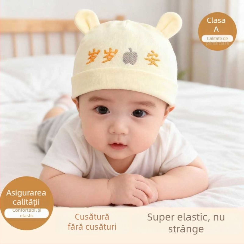 Căciulă bebeluș din bumbac, două straturi, respirabilă și caldă, 0–6 luni