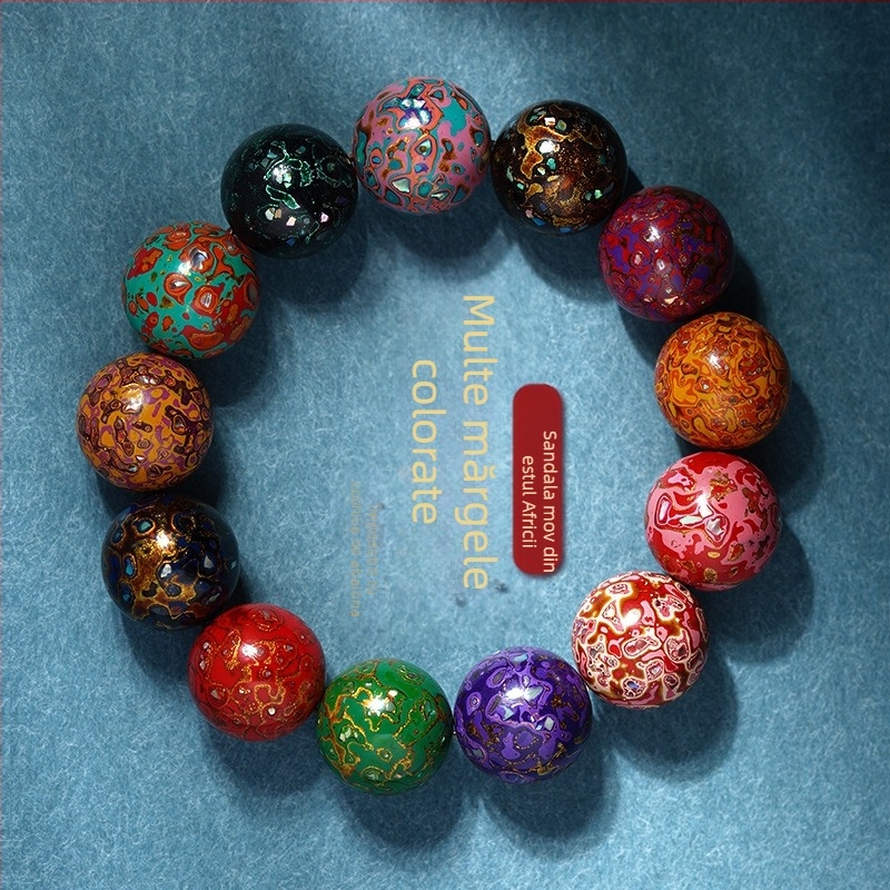 Brățară din lemn, design chinezesc, lucrată manual, cu mărgele Buddha încrustate cu sidef