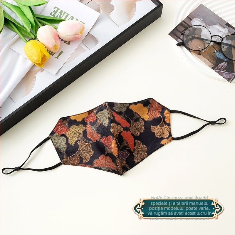 Mască de protecție solară, respirabilă, din bumbac dublu-strat, accente din mătase artificială, stil național (Respirabilă, Rezistentă la vânt, Protecție UV, Dublu-strat de bumbac, Mătase artificială)