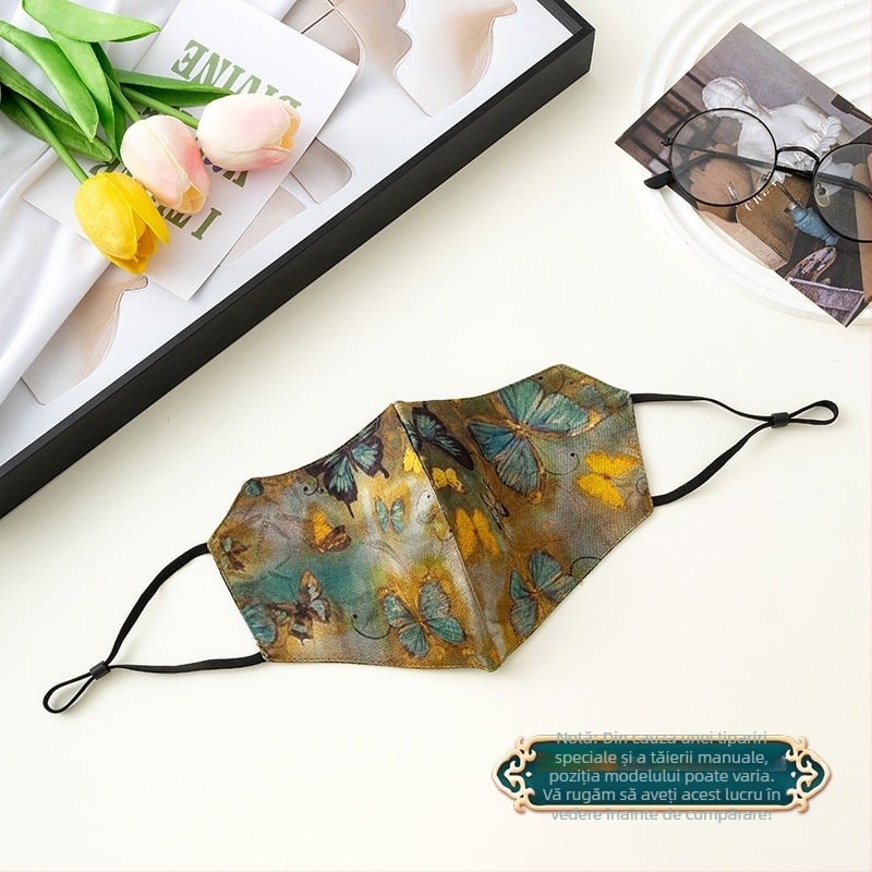 Mască de protecție solară, respirabilă, din bumbac dublu-strat, accente din mătase artificială, stil național (Respirabilă, Rezistentă la vânt, Protecție UV, Dublu-strat de bumbac, Mătase artificială)