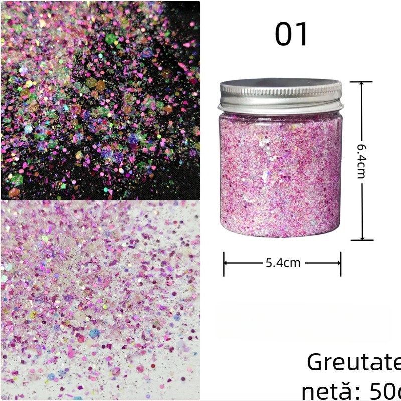 Sticlă de 50 g cu paiete glitter pentru unghii, stil koreean, culori irizate, decor DIY pentru unghii