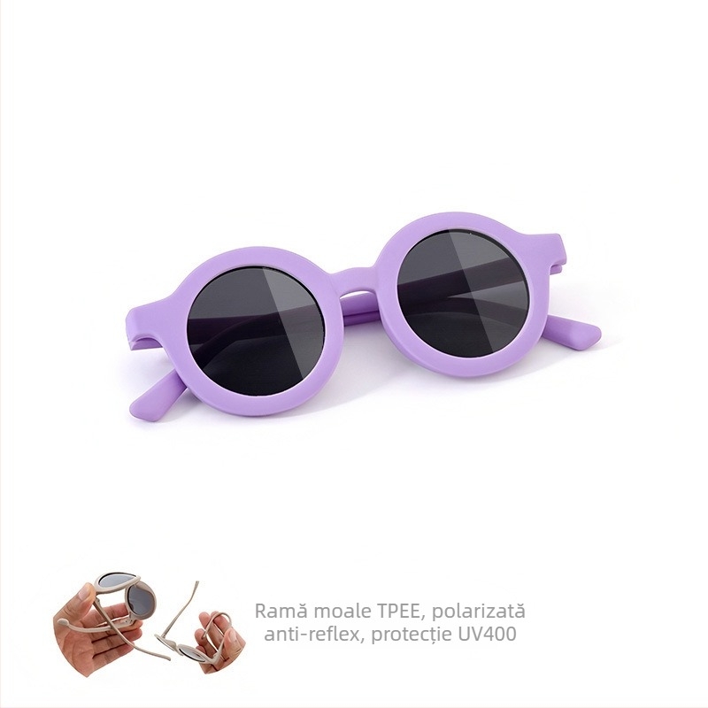 Ochelari de soare pentru copii, ramă circulară din silicon, protecție UV400, lentile TAC polarizate, ramă cu cadru complet, material ramă: TPEE