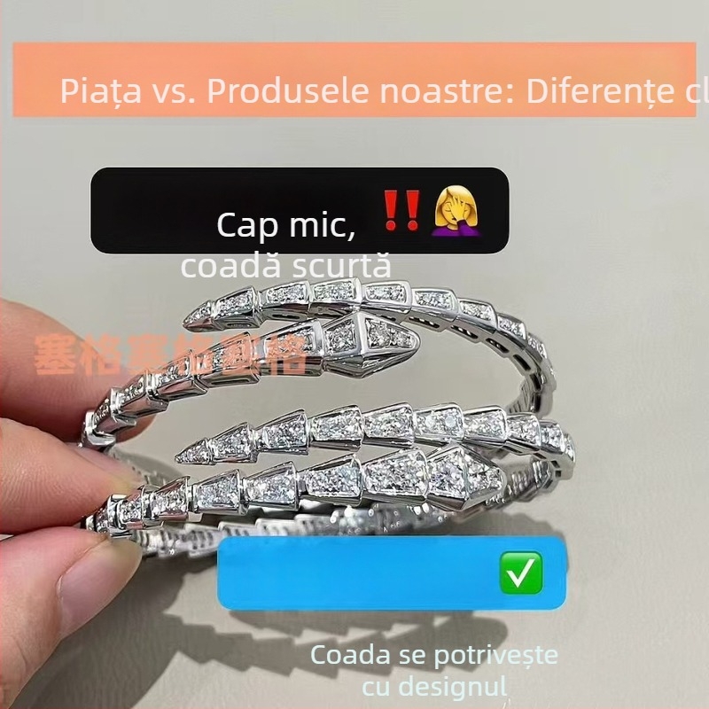 Brățară șarpe cu design cu mai multe inele, capul șarpelui deschis, cu diamante, placare 18K (Material: V gold; Tratare: Diamond; Origine: Guangzhou; An/Sezon: Toamnă 2023; Stil: Lux ușor)