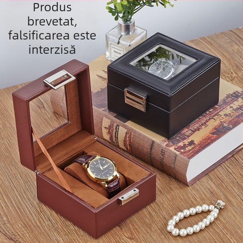 Cutie din piele pentru ceasuri, cu un compartiment și capac transparent pentru afișare, pentru uz casnic, greutate 246 g