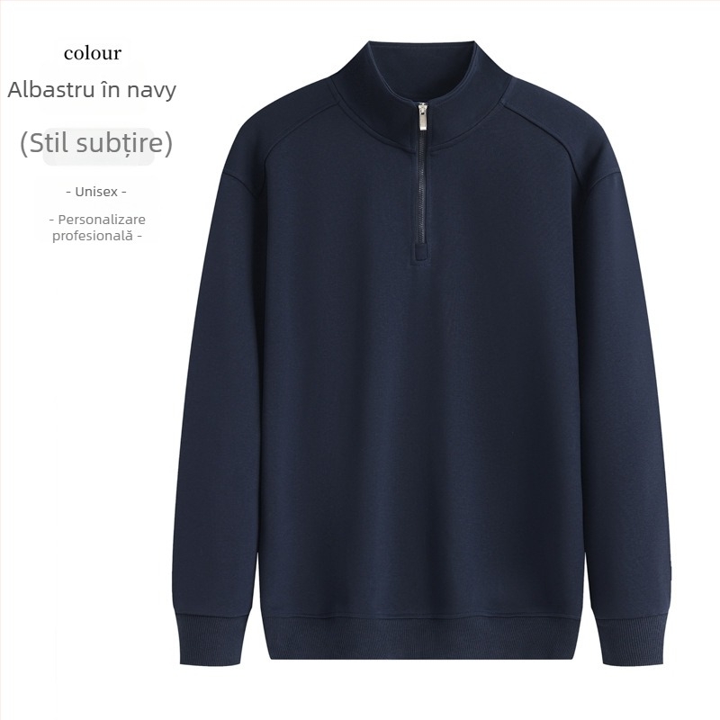 Hanorac cu guler înalt și fermoar parțial, imprimare cu logo, material din bumbac amestec, croială lejeră