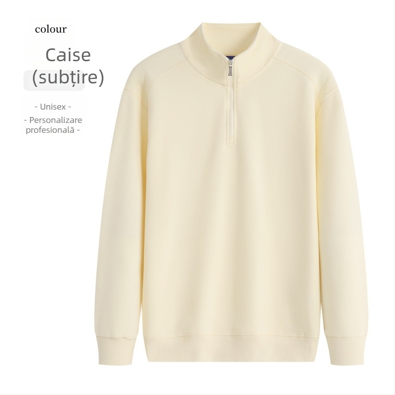 Hanorac cu guler înalt și fermoar parțial, imprimare cu logo, material din bumbac amestec, croială lejeră