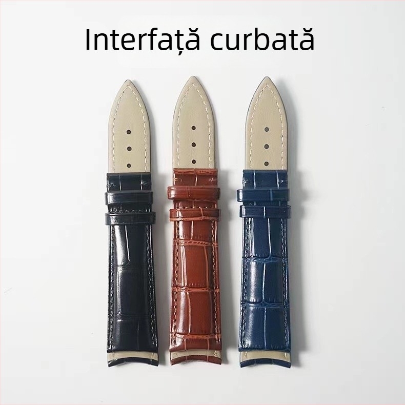 Brățară de ceas din piele de vită de înaltă calitate, margine curbată, piele pe ambele fețe, cataramă tip fluture și cataramă cu știft