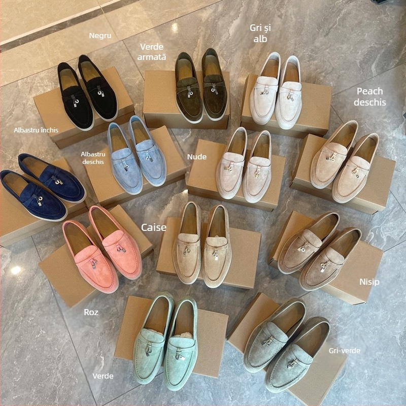 Loafers din piele de miel, unisex, slip-on, vârf rotund, parte superioară din piele de miel, talpă din cauciuc