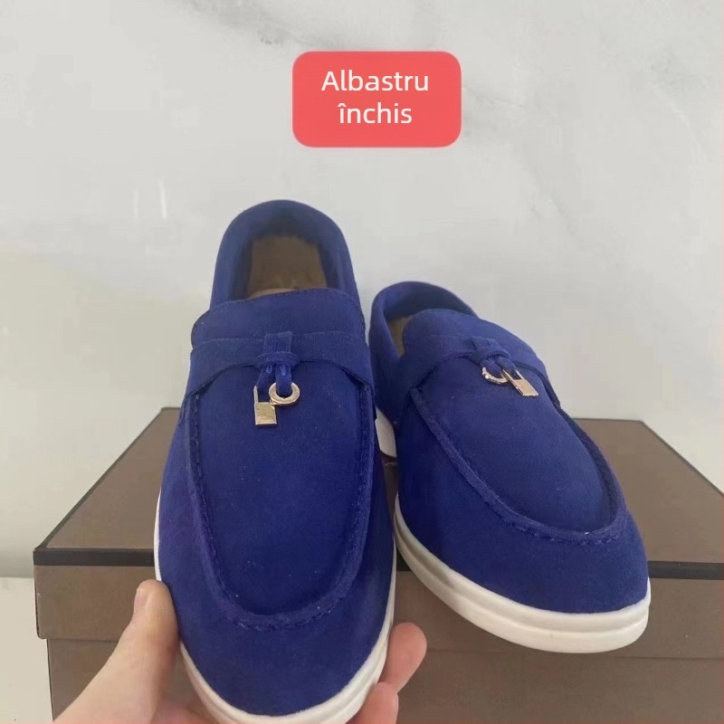 Loafers din piele de miel, unisex, slip-on, vârf rotund, parte superioară din piele de miel, talpă din cauciuc