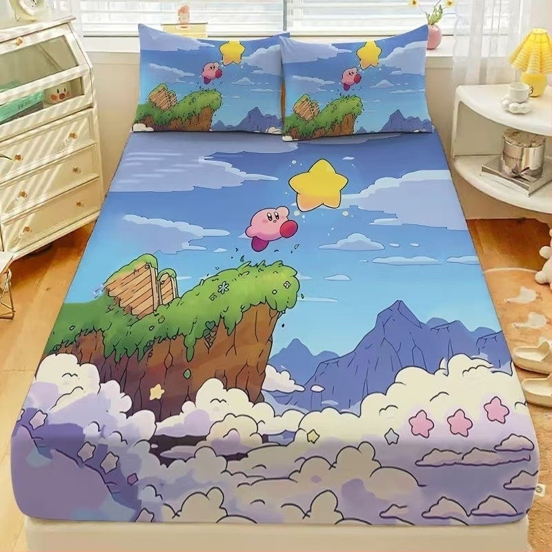 Cearșaf cu elastic cu model Cartoon Star Kirby pentru saltea de 1,8 m – lenjerie de pat pentru copii, poliester, imprimare digitală