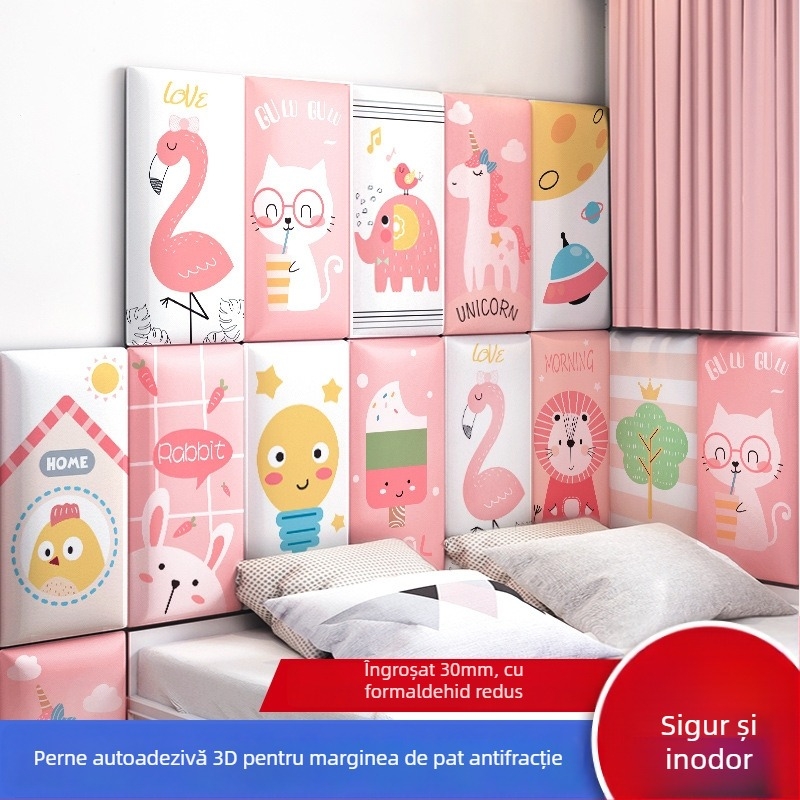 Protector de perete 3D cu design desen animat, autocolant, din piele artificială, pentru dormitor, birou și intrare