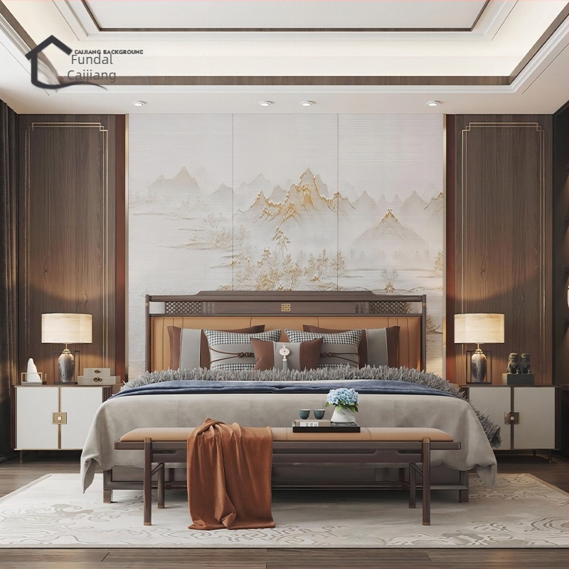 Acoperire perete – mătase, anti-murdărie, compoziție pe 3 niveluri, stil Nou Chinezesc, peisaj brodat cu flori și păsări