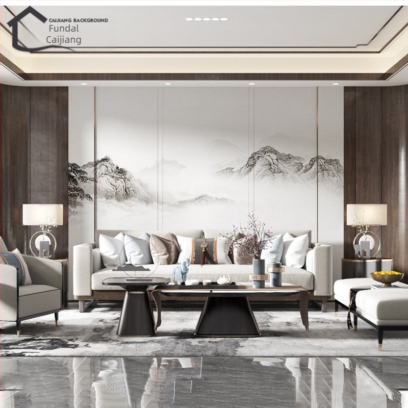 Acoperire perete – mătase, anti-murdărie, compoziție pe 3 niveluri, stil Nou Chinezesc, peisaj brodat cu flori și păsări