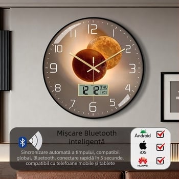 Ceas de perete Bluetooth cu sincronizare automată a timpului, calendar perpetuu LED/LCD, termometru și afișaj ziua săptămânii, rotund, montaj pe perete, alimentat cu baterii, afișaj analogic + digital