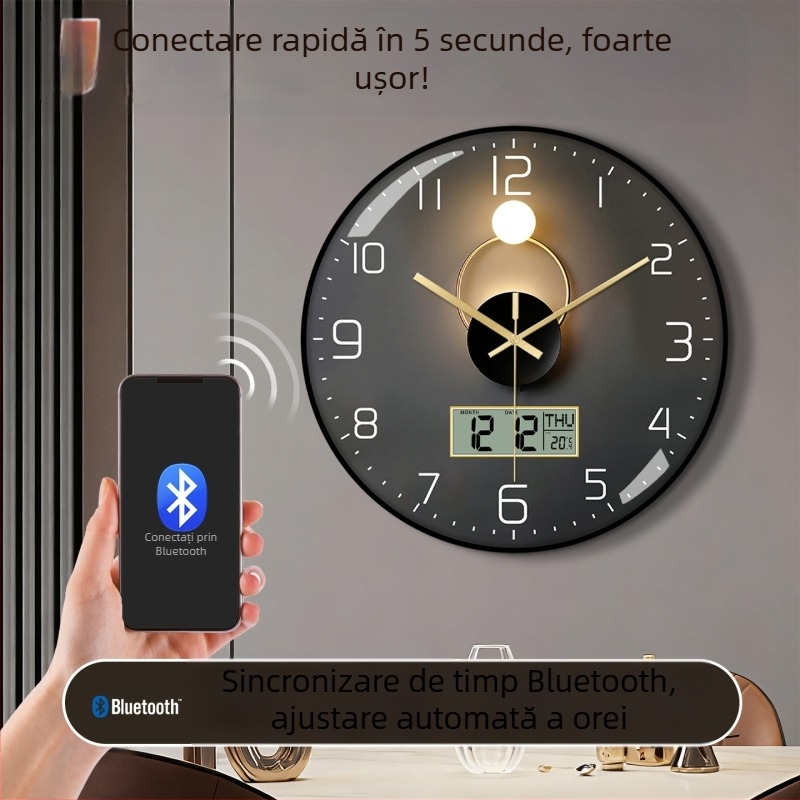 Ceas de perete Bluetooth cu sincronizare automată a timpului, calendar perpetuu LED/LCD, termometru și afișaj ziua săptămânii, rotund, montaj pe perete, alimentat cu baterii, afișaj analogic + digital