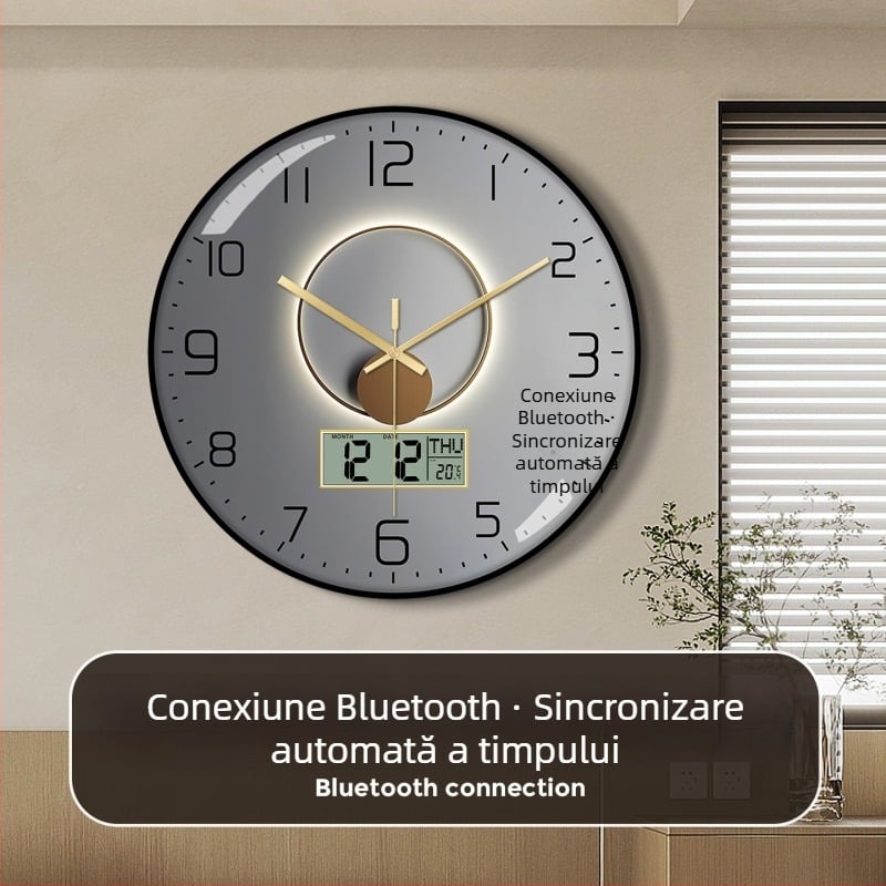 Ceas de perete Bluetooth cu sincronizare automată a timpului, calendar perpetuu LED/LCD, termometru și afișaj ziua săptămânii, rotund, montaj pe perete, alimentat cu baterii, afișaj analogic + digital