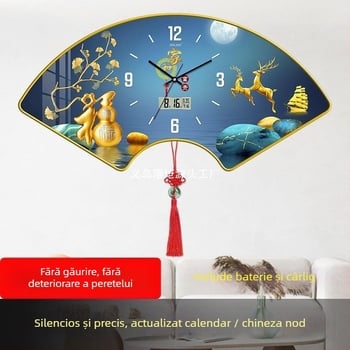 Ceas de perete pentru living cu afișaj de temperatură, design în formă de ventilator, mișcare cuarț, cadran din lemn