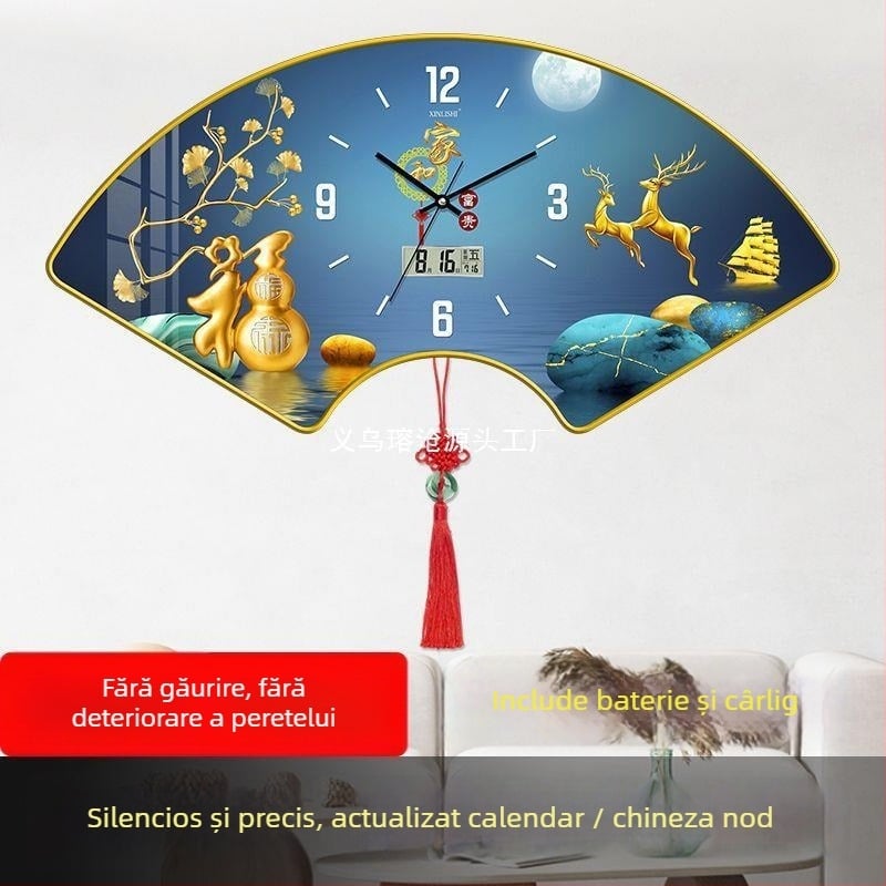 Ceas de perete pentru living cu afișaj de temperatură, design în formă de ventilator, mișcare cuarț, cadran din lemn