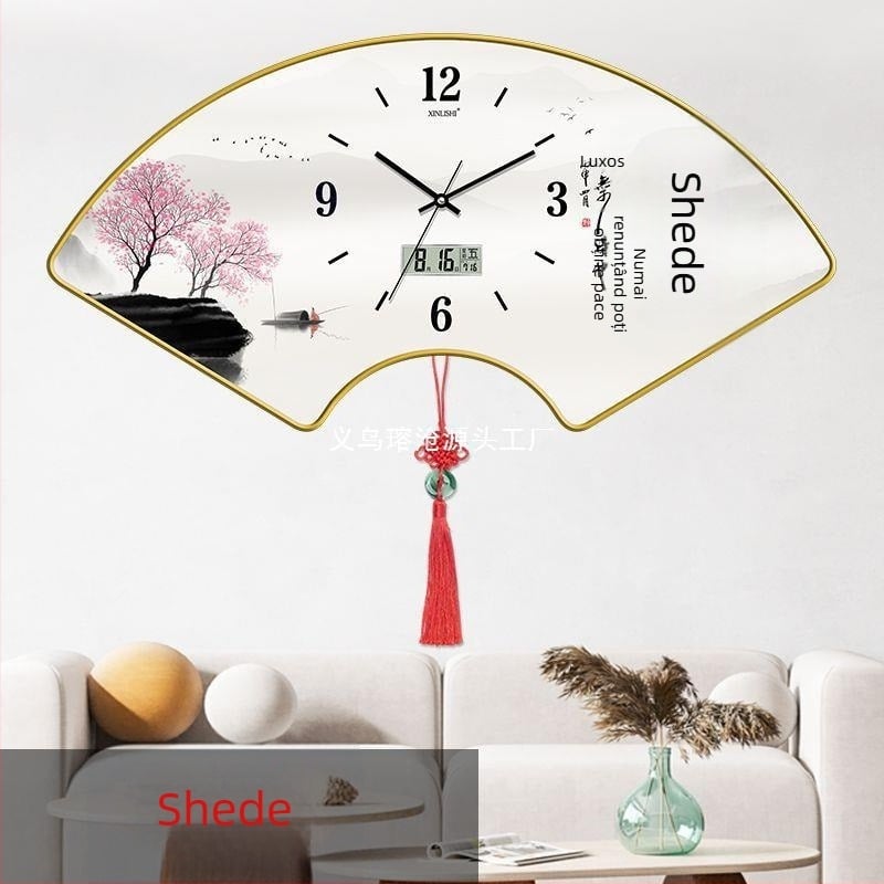 Ceas de perete pentru living cu afișaj de temperatură, design în formă de ventilator, mișcare cuarț, cadran din lemn