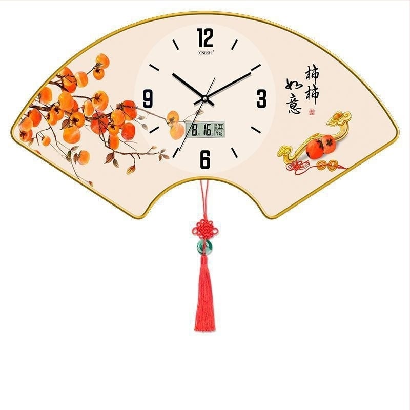 Ceas de perete pentru living cu afișaj de temperatură, design în formă de ventilator, mișcare cuarț, cadran din lemn