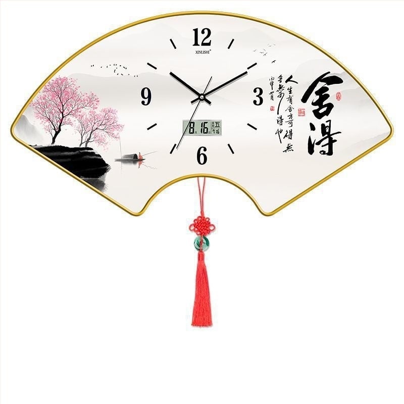 Ceas de perete pentru living cu afișaj de temperatură, design în formă de ventilator, mișcare cuarț, cadran din lemn