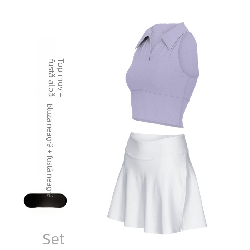 Costum tenis și fitness cu guler polo, fără mâneci, pantaloni scurți, căptușeală detașabilă, uscare rapidă