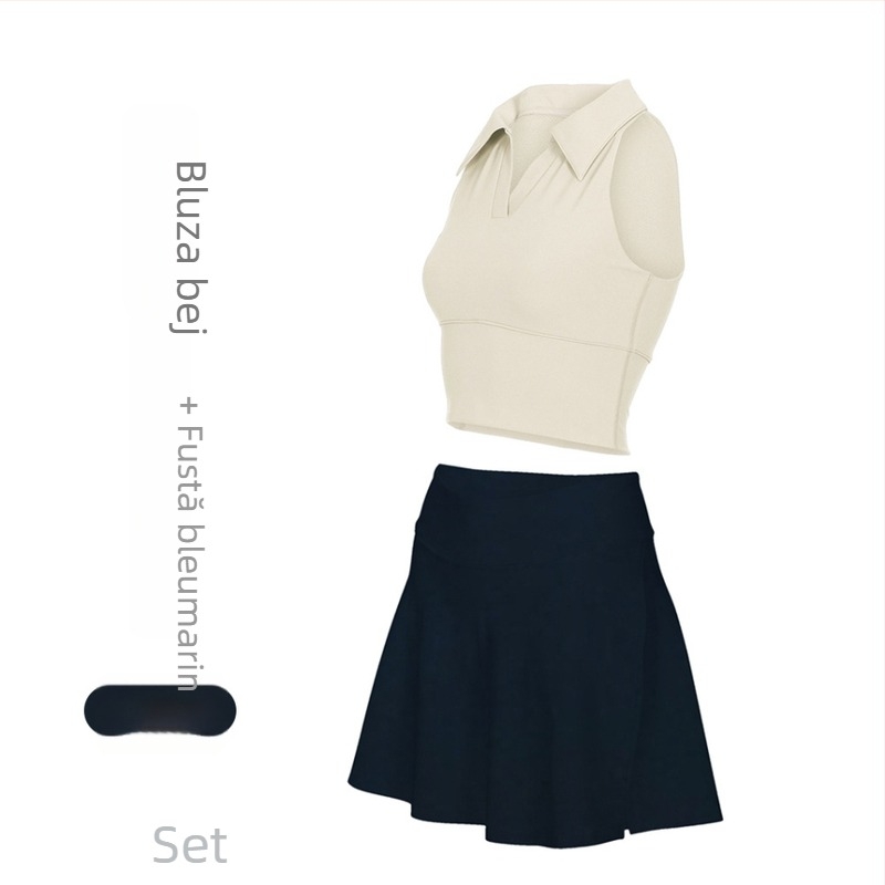 Costum tenis și fitness cu guler polo, fără mâneci, pantaloni scurți, căptușeală detașabilă, uscare rapidă