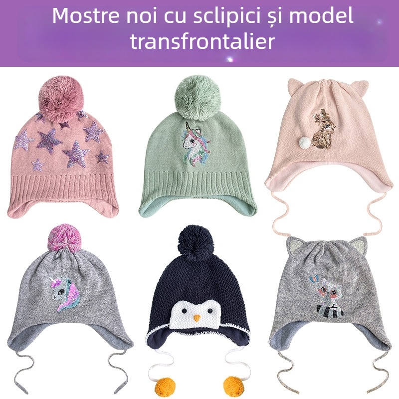 Șapcă tricotată pentru copii, protecție a urechilor, formă dom, cu căptușeală dublă de fleece, broderie cu paiete, fibră acrilică, iarnă