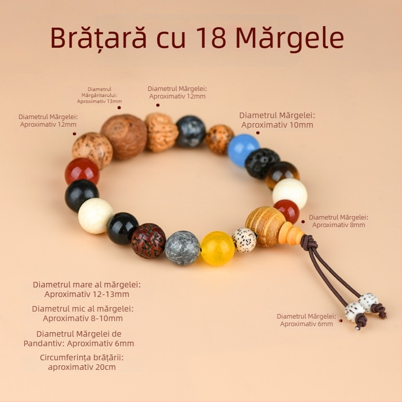 Brățară Bodhi cu 18 mărgele, mărgele din lemn, stil Guofeng, lucrat manual, finisaj natural