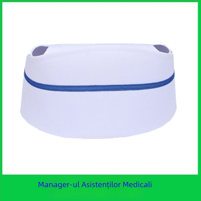 Șapcă de infirmieră din bumbac și satin, model cu dungi, vârf plat, logo imprimat