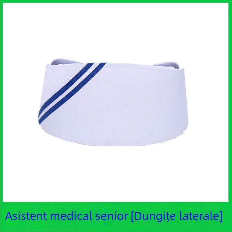 Șapcă de infirmieră din bumbac și satin, model cu dungi, vârf plat, logo imprimat