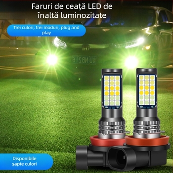 Lampă LED pentru ceața auto, 3030 cu trei culori, compatibilă cu H3/H8/H11 – bec de ceață frontal cu efect de strobing