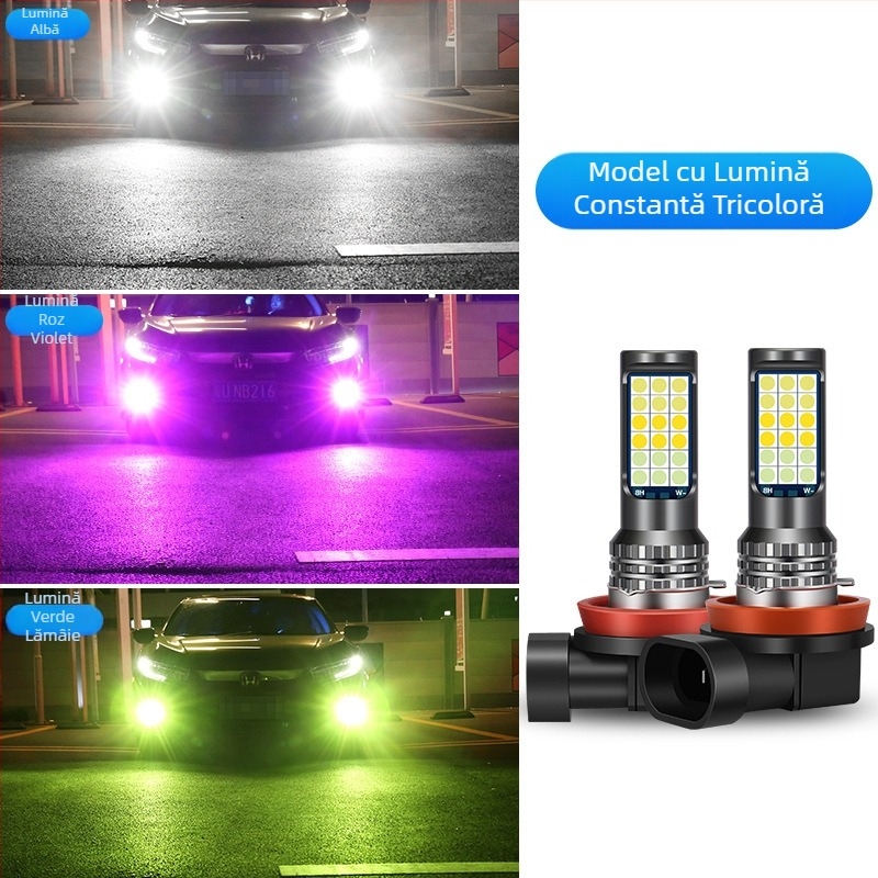 Lampă LED pentru ceața auto, 3030 cu trei culori, compatibilă cu H3/H8/H11 – bec de ceață frontal cu efect de strobing
